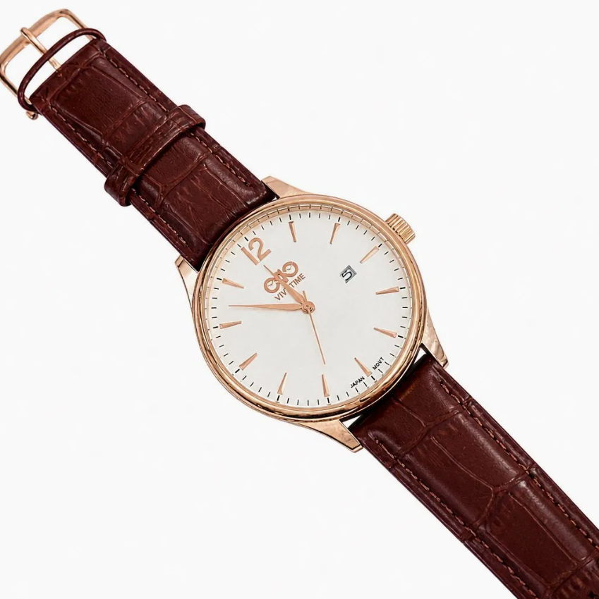 Classic Rose Gold Analog Watch with Brown Leather Strap