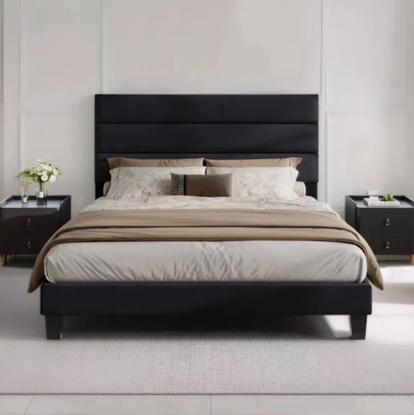 Modern Black Upholstered Platform Bed with Padded Headboard