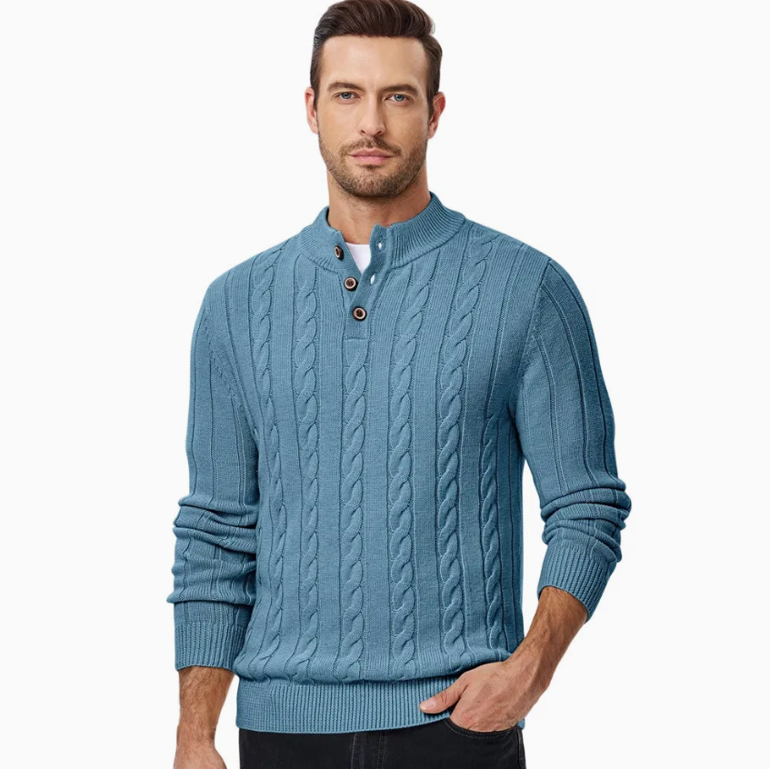 Men’s Cable Knit Button-Neck Sweater – Classic Long Sleeve Pullover