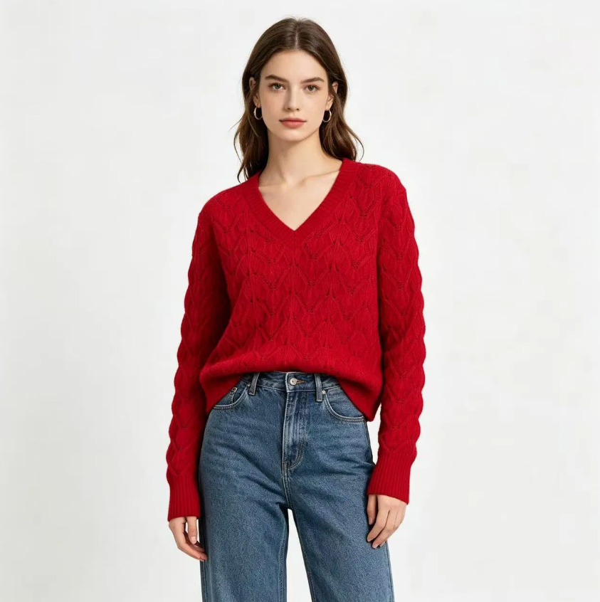 Women’s V-Neck Cable Knit Sweater – Long Sleeve Casual Pullover