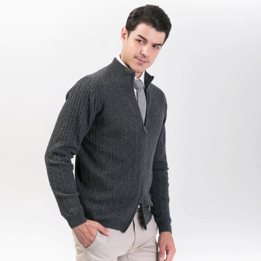 Men’s Cable Knit Full-Zip Sweater Jacket – Stand Collar Cardigan