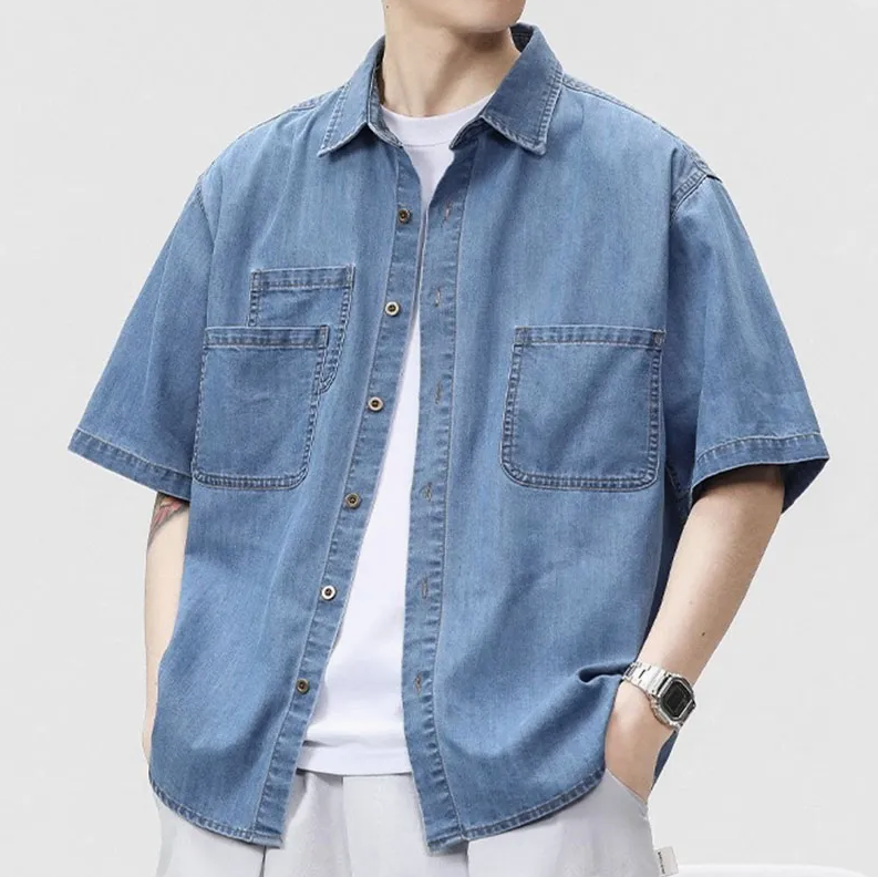 Men’s Washed Light Blue Denim Shirt – Casual Short Sleeve Streetwear