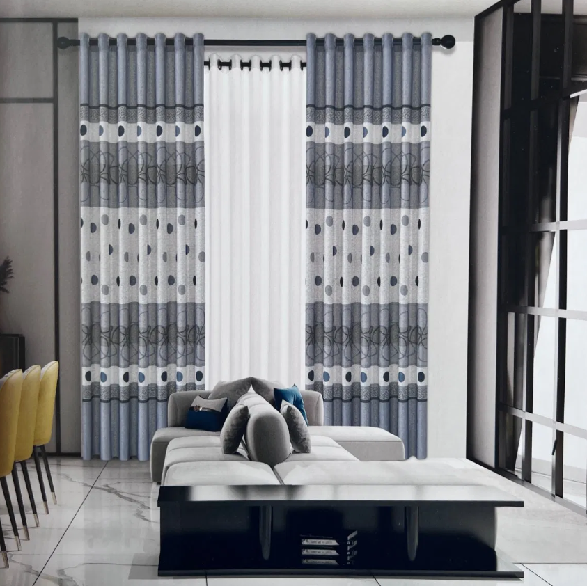 Bluish Grey Round Pattern Printed Jacquard Curtain Fabric
