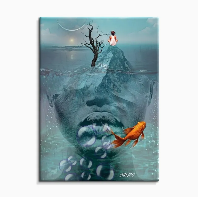 Abstract Surreal Face and Goldfish Canvas Wall Art