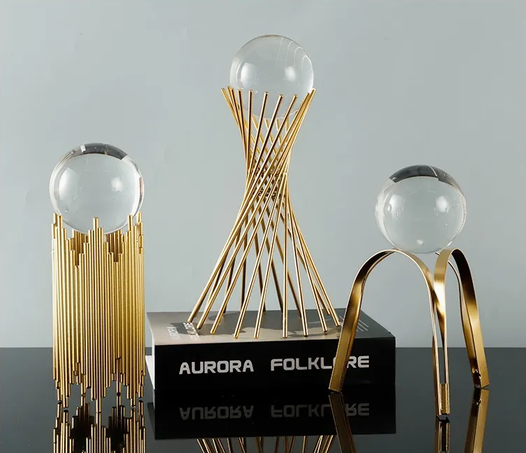 Modern Crystal Ball and Golden Metal Geometric Decorative Sculpture Set