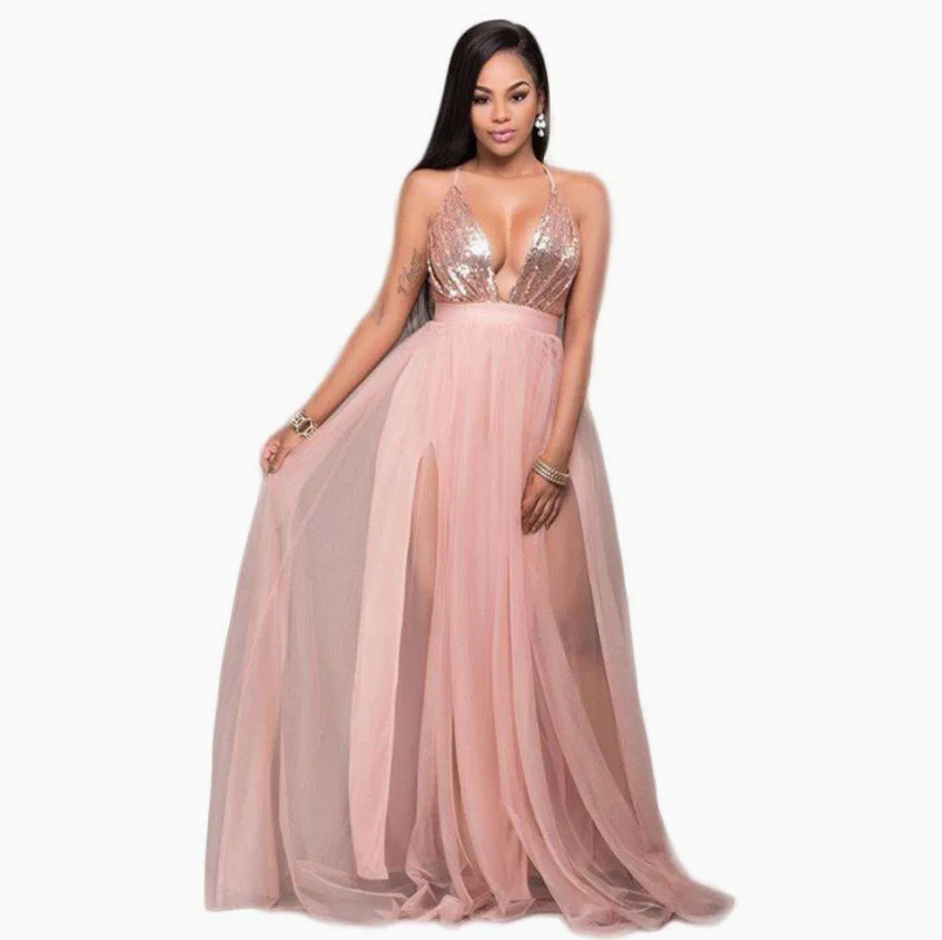 Women’s Blush Pink Sequin Bodice Gown – Elegant Sleeveless Evening Maxi Dress