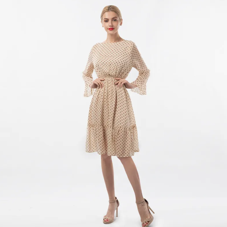 Women’s Beige Polka Dot Dress – Elegant Flared Sleeve Casual Midi Dress