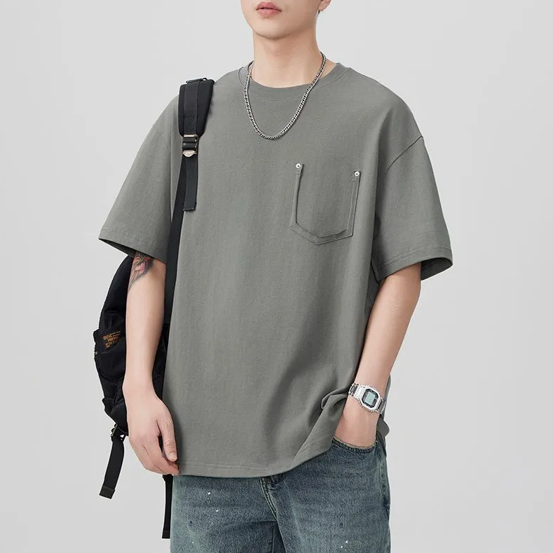 Men’s Solid Color Pure Cotton T-Shirt with Pocket – Casual Summer Wear